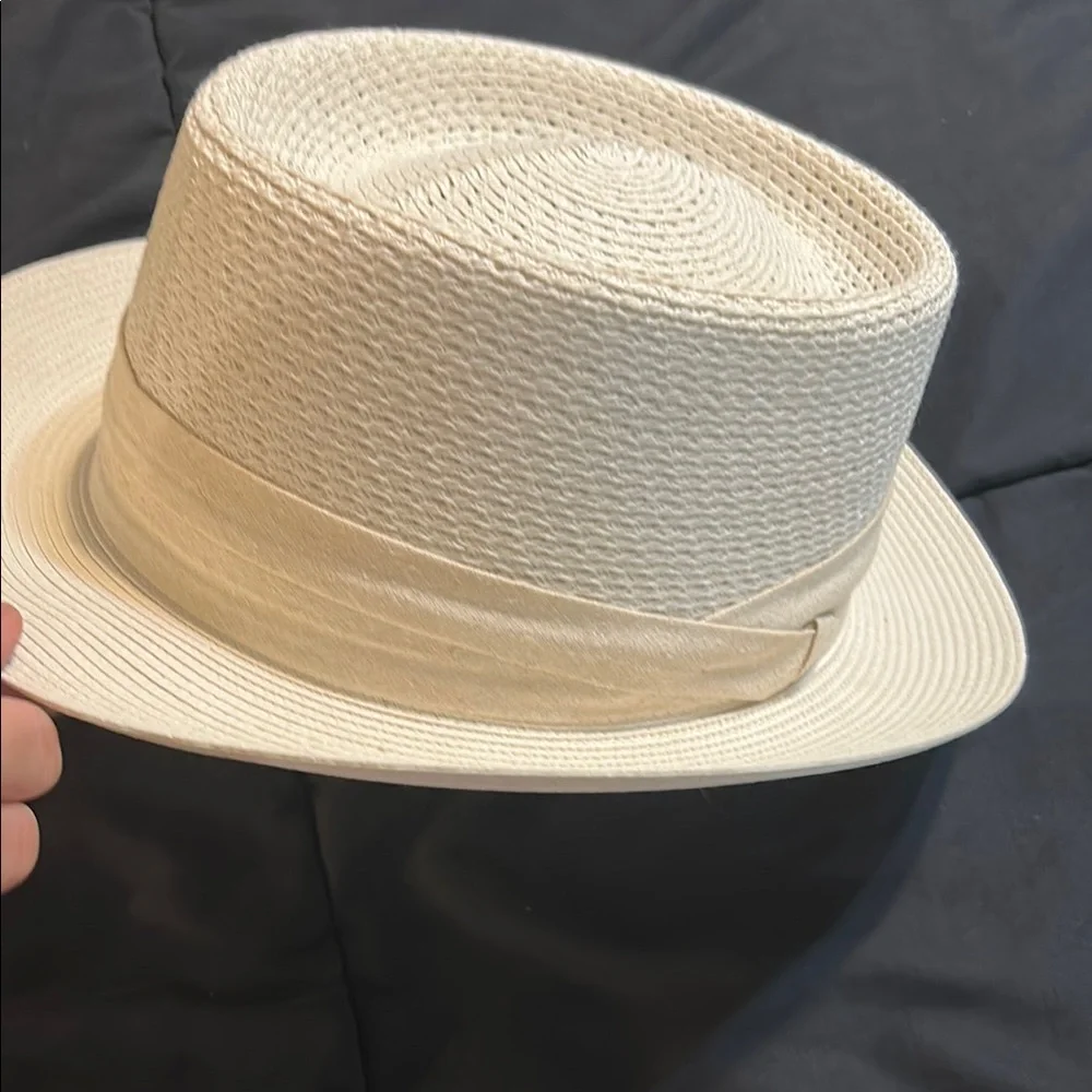Cream Panama Hat with Flat Brim and Rounded Crown - Picture 2 of 6